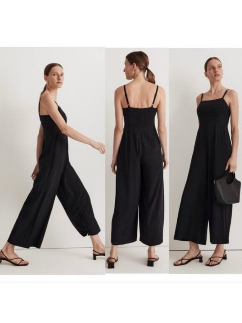 Madewell Square Neck Wide Leg Black 100% Linen Jumpsuit Size 12 Pockets Women's